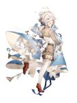  1boy androgynous animal_on_head blue_eyes bunny food_fantasy highres jingzhongyin looking_at_viewer looking_back mousse_(food_fantasy) official_art on_head otoko_no_ko pale_skin ribbon second-party_source silver_hair smile 