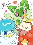  blue_eyes bright_pupils closed_eyes commentary_request fang fangs fuecoco heart highres no_humans open_mouth pokemon pokemon_(creature) quaxly sorashiramu sparkle sprigatito starter_pokemon_trio tongue u_u white_background white_pupils 