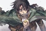  1boy bangs black_hair blood blood_on_face brown_jacket clenched_teeth cloak green_cloak hand_up holding holding_jewelry holding_necklace jacket jewelry levi_(shingeki_no_kyojin) long_sleeves looking_at_viewer male_focus necklace neri_aot shingeki_no_kyojin shirt short_hair solo teeth twitter_username upper_body white_background white_eyes white_shirt 