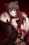  1girl absurdres animal_ears arknights bear_ears black_choker blue_eyes brown_coat brown_hair chinese_commentary choker closed_mouth coat earbuds earphones expressionless eyebrows_visible_through_hair fur-trimmed_coat fur_trim gemi_25 gradient gradient_background highres long_hair long_sleeves looking_at_viewer multicolored_hair neckerchief open_clothes open_coat red_background red_hair red_neckerchief sailor_collar shirt sidelocks simple_background solo strap streaked_hair two-tone_hair unzipped upper_body white_shirt zima_(arknights) 