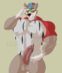  abs anthro balls barazoku bodily_fluids bottomless canid canine canis clothed clothing digital_media_(artwork) eyewear fur genital_fluids genitals hand_on_hat hat headgear headwear hi_res humanoid_genitalia humanoid_penis klr-rio male mammal mascot muscular muscular_male old_spice penis precum simple_background smile solo sunglasses tight_clothing vein wolf wolfthorn_(old_spice) 