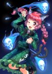  1girl ;3 ;d animal_ear_fluff arm_up blue_fire blush braid dark_background extra_ears fire flaming_skull floating_hair floating_skull foot_out_of_frame gradient gradient_background hands_up highres hitodama jouzou kaenbyou_rin long_hair looking_at_viewer one_eye_closed open_mouth paw_pose pointy_ears red_eyes red_hair simple_background slit_pupils smile solo teeth tongue touhou twin_braids twintails 