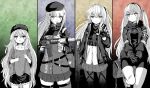  404_(girls&#039;_frontline) 4girls angry assault_rifle bag beret bulletproof_vest commentary_request duffel_bag english_text fingerless_gloves g11_(girls&#039;_frontline) german_text girls&#039;_frontline gloves gun h&amp;k_hk416 h&amp;k_ump h&amp;k_ump45 hat highres hk416_(girls&#039;_frontline) holding holding_gun holding_weapon multiple_girls numazume rifle sad sad_smile submachine_gun suspenders tactical_clothes trigger_discipline ump45_(girls&#039;_frontline) ump9_(girls&#039;_frontline) weapon younger 