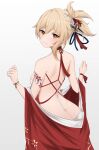  1girl absurdres alternate_costume arm_tattoo ass asymmetrical_hair azur_lane back between_buttocks blonde_hair blush bracelet breasts butt_crack butterfly_hair_ornament choker closed_mouth clothes_down clothes_pull dress dress_pull genshin_impact glorious_(azur_lane) glorious_(pungent_plum)_(azur_lane) hair_ornament hair_ribbon hands_up highres jewelry looking_at_viewer looking_back medium_breasts orange_eyes ponytail red_choker red_dress ribbon sidelocks simple_background smile solo sunny721 tassel tassel_hair_ornament tattoo white_background yoimiya_(genshin_impact) 