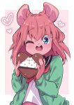  1girl animal_ears blue_eyes candy cardigan chocolate food food_print furry furry_female green_cardigan heart heart-shaped_chocolate highres mouse_ears mouse_girl mouse_girl_(yuuki_(yuyuki000)) one_eye_closed open_mouth original panties panties_removed pink_hair print_panties school_uniform serafuku shirt short_hair smile solo strawberry_print underwear upper_body valentine white_panties white_shirt yuuki_(yuyuki000) 