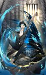  1boy ankle_cuffs anklet beartoris black_hair blue_eyes board_game chain chess chess_piece chessboard fangs food_fantasy full_body haggis_(food_fantasy) highres jewelry looking_at_viewer official_art pale_skin second-party_source solo 