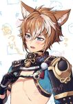  animal_ears armor bangs belt black_gloves blue_eyes blush brown_hair crop_top dog_boy dog_ears fox_ears genshin_impact gloves gorou_(genshin_impact) hair_between_eyes hair_ornament igote long_hair male_focus miryoryo9 multicolored_hair muscular open_mouth orange_hair pants paw_print simple_background streaked_hair translation_request twitter_username white_background white_hair 