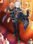  1boy alcohol androgynous bishounen cocosuke food_fantasy formal full_body gin_(food_fantasy) highres liquor long_hair looking_at_viewer male_focus official_art pale_skin second-party_source silver_hair solo yellow_eyes 