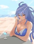  1girl absurdres ahoge alcohol arm_under_breasts bare_shoulders beach blue_sky blush braid breasts cherry cleavage closed_mouth cloud cocktail_glass cup drinking_glass food fruit granblue_fantasy hair_between_eyes halterneck high_ponytail highres imocy large_breasts light_purple_hair long_hair ocean sand shore sidelocks silva_(granblue_fantasy) sky table twin_braids yellow_eyes 