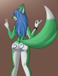  2022 anthro aventis aventis_vixxx back_facing_viewer big_butt blue_hair bodypaint bracelet breasts butt canid canine female fox fur gradient_background green_body green_fur hair hi_res holidays jewelry long_hair mammal multicolored_body multicolored_fur new_year simple_background smile solo two_tone_body two_tone_fur 