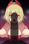  blonde_hair blue_eyes breasts cleavage hair_between_eyes hairband highres irida_(pokemon) jewelry konno_tohiro large_breasts neck_ring open_mouth oral_invitation penis_awe penis_shadow pokemon pokemon_(game) pokemon_legends:_arceus red_hairband red_shirt saliva saliva_trail sexually_suggestive shirt silhouette squatting strapless strapless_shirt tongue tongue_out 