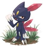  claws commentary_request eyelashes fang fang_out full_body grass looking_at_viewer no_humans oniwa_nwai pokemon pokemon_(creature) red_eyes sneasel soil solo standing tongue tongue_out white_background 