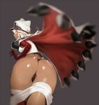  1girl ass bandaged_arm bandages blurry blush breasts cape colored_eyelashes dark-skinned_female dark_skin embarrassed from_behind grey_background guilty_gear guilty_gear_xrd hat kasei_yukimitsu long_hair ramlethal_valentine shorts simple_background solo thigh_strap thong valentine_(guilty_gear) white_hair 