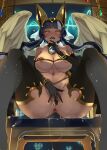  1girl animal_ears anus bare_shoulders black_gloves black_hair black_legwear blush bracelet breasts covering covering_crotch egyptian egyptian_clothes elbow_gloves excessive_pussy_juice eyebrows_visible_through_hair from_below gem gloves half-closed_eyes hand_on_own_chin heart heart_in_eye heavy_breathing highres indie_virtual_youtuber jackal_ears jewelry kelli_siren large_breasts long_hair looking_at_viewer looking_down monobe_yuri multicolored_hair open_mouth pussy_juice pussy_juice_puddle pussy_juice_trail saliva saliva_trail shiny shiny_hair shiny_skin sitting solo spread_legs symbol_in_eye thighhighs two-tone_hair virtual_youtuber white_hair wings 