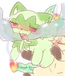  ambiguous_gender bloodshot_eyes blush drugs eeveelution fangs felid feline fire fur green_body green_fur leaf leaf_hair leaf_tail leafeon mammal mouth_on_butt nado_mola nintendo open_mouth plant plant_hair pok&eacute;mon pok&eacute;mon_(species) pseudo_hair red_eyes simple_background smoke smoking_weed sprigatito stoned substance_intoxication video_games yellow_body yellow_skin 