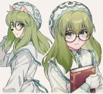  2girls animal_ears book cheadle_yorkshire cross dog_ears dog_girl dual_persona frills glasses green_eyes green_hair hat highres holding holding_book hunter_x_hunter multiple_girls multiple_views sss14sana 