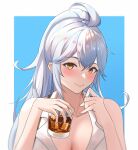  1girl absurdres ahoge bangs bare_shoulders blue_background blush border breasts cleavage collared_shirt cup granblue_fantasy high_ponytail highres holding holding_cup ice ice_cube large_breasts long_hair looking_at_viewer shirt sidelocks silva_(granblue_fantasy) silver_hair sleeveless sleeveless_shirt smile user_bhz6684 white_border yellow_eyes 