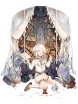  1boy androgynous bunny candle closed_eyes food_fantasy highres jingzhongyin looking_at_viewer looking_back mousse_(food_fantasy) official_art otoko_no_ko pale_skin ribbon second-party_source silver_hair smile 