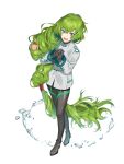  1boy androgynous crossdressing food_fantasy green_eyes green_hair highres imonovel long_hair looking_at_viewer male_focus official_art otoko_no_ko pale_skin seashell seaweed_salad_(food_fantasy) second-party_source shell solo 