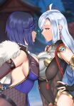  2girls absurdres bangs bare_shoulders black_gloves blue_hair blunt_bangs blurry blurry_background bob_cut bodysuit breast_press breasts closed_mouth earrings eye_contact eyes_visible_through_hair fingerless_gloves fishnet_legwear fishnets fur_trim genshin_impact gloves half-closed_eyes hand_on_hip highres hip_vent jewelry large_breasts lightning_glare long_hair looking_at_another multiple_girls profile purple_eyes shenhe_(genshin_impact) short_hair sideboob smile symmetrical_docking tassel tassel_earrings twitter_username white_hair xkit yelan_(genshin_impact) 