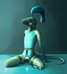  2018 anthro bdsm bondage bound chastity_belt chastity_device collar female frogtied green_body green_scales hands_on_floor hi_res hood kneeling legs_tied lizard lock looking_aside mask metal_mask mitokep posture_collar reptile scales scalie slave solo submissive submissive_female tassels 