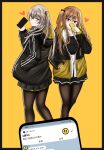  2girls absurdres bangs black_border black_jacket black_legwear black_skirt blush border breasts brown_hair cellphone chat_log closed_mouth collarbone eyebrows_visible_through_hair girls&#039;_frontline hair_ornament hairclip hand_in_pocket heart heart_print highres holding holding_phone hood hooded_jacket jacket light_brown_hair long_hair looking_at_viewer multicolored_clothes multicolored_jacket multiple_girls open_clothes open_jacket paaam pantyhose phone red_eyes scar scar_across_eye side_ponytail skirt smartphone standing twintails ump45_(girls&#039;_frontline) ump9_(girls&#039;_frontline) yellow_background yellow_eyes 