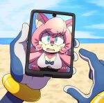  2022 anthro beach blue_eyes breasts chiropteran clothing cloud day digital_media_(artwork) female first_person_view gloves hair handwear hi_res holding_object holding_phone implied_transformation mammal open_mouth outside phone pink_body pink_hair sand seaside sega solo sonic_the_hedgehog_(series) subakitsu surprise water 