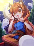  1girl :d absurdres ahoge animal_ear_fluff animal_ears bangs blue_shirt brown_eyes brown_hair brown_pants cloud commentary_request copyright_request double_fox_shadow_puppet eyebrows_visible_through_hair eyes_visible_through_hair fox_ears fox_girl fox_shadow_puppet fox_tail full_moon ghost hair_ornament hair_over_one_eye highres looking_at_viewer moon night night_sky oooqqq outdoors pants shirt short_sleeves sky smile solo star_(sky) starry_sky tail virtual_youtuber wide_sleeves x_hair_ornament 