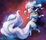  ^_^ alolan_ninetales animal_focus artist_name bandana bracelet closed_eyes commentary commission english_commentary fluffy full_body fur_collar galaxy gem happy highres jewelry koriarredondo long_hair no_humans open_mouth pawpads pokemon pokemon_(creature) signature smile solo space star_(sky) tongue tongue_out white_hair yellow_bandana 
