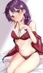  1girl absurdres ahoge bangs black_hair blush bow bra breasts brown_eyes finger_to_mouth hair_bow hair_over_shoulder hamaken._(novelize) head_tilt highres holding_own_foot indoors kantai_collection large_breasts long_hair navel off_shoulder on_bed panties purple_bra purple_hair purple_panties red_bow redrawn sidelocks sitting solo stomach thighs underwear ushio_(kancolle) yokozuwari 