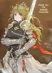  1girl armor armored_dress belt blonde_hair breasts commentary_request cowboy_shot cross cross_earrings crystal_sword dress earrings english_text eyebrows_visible_through_hair gauntlets hair_ornament hair_ribbon headpiece highres holding holding_sword holding_weapon jewelry jun_(seojh1029) long_hair looking_at_viewer making-of_available milestone_celebration original pauldrons ponytail ribbon shoulder_armor simple_background skirt solo sword tassel thank_you weapon 