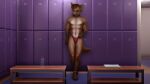  2d 3d_(artwork) amber_eyes anthro black_nose bottle brown_body brown_fur choker claws clothing collar digital_media_(artwork) dressing_room_(disambiguation) fur hi_res hyaenid jewelry la_volpe male mammal muscular necklace smile solo sport teeth towel underwear water young 