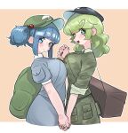  2girls absurdres backpack bag blue_eyes blue_hair blue_skirt breast_press breasts camouflage camouflage_headwear camouflage_skirt eyebrows_visible_through_hair frogsnake green_eyes green_hair hair_bobbles hair_ornament hat highres holding_hands kawashiro_nitori key looking_at_viewer medium_hair multiple_girls nail_polish short_hair skirt sleeves_rolled_up symmetrical_docking touhou twintails yamashiro_takane 