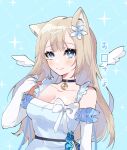  1girl absurdres angel_wings animal_ears arm_garter blonde_hair blue_eyes breasts choker clock_pendant dress elbow_gloves flower fox_ears fox_girl gloves hair_flower hair_ornament highres idol_clothes long_hair mini_wings prism_project sleeveless solo tokimori_aoi virtual_youtuber wakiobake white_dress wings 