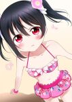  1girl bikini bikini_skirt black_hair blush closed_mouth collarbone flat_chest floral_print from_above hair_between_eyes highres long_hair looking_at_viewer love_live! love_live!_school_idol_project navel pink_bikini pout red_eyes solo standing swimsuit twintails yazawa_nico zero-theme 