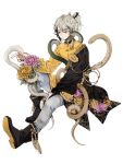  1boy androgynous black_hair bouquet chinese_clothes five_snake_soup_(food_fantasy) flower food_fantasy full_body grey_eyes grey_hair highres looking_to_the_side mia_(0309miaa) multicolored_hair official_art pale_skin second-party_source snake traditional_clothes 