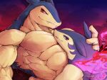  abs absurd_res anthro biceps duo fire hairy hi_res hisuian_typhlosion looking_at_viewer male muscular muscular_anthro muscular_male nintendo pecs pok&eacute;mon pok&eacute;mon_(species) red_eyes regional_form_(pok&eacute;mon) relaxing teeth typhlosion video_games waddledox 