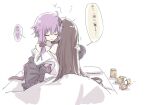  2girls ahoge beer_can black_jacket brown_hair can closed_eyes commentary drunk futon hair_ornament hair_tubes hand_on_another&#039;s_shoulder hug jacket light_smile long_hair master_(vocaloid) multiple_girls nejikyuu purple_hair short_hair_with_long_locks sidelocks sketch speech_bubble translated under_covers vocaloid voiceroid white_background yuzuki_yukari 