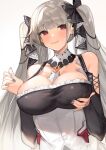  1girl azur_lane bangs bare_shoulders between_breasts blush breasts cleavage dress earrings formidable_(azur_lane) frilled_dress frills grey_hair hair_ribbon highres jewelry large_breasts long_hair looking_at_viewer red_eyes revision ribbon simple_background smile twintails two-tone_dress two-tone_ribbon very_long_hair white_background yayako_(804907150) 