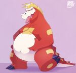  2022 anthro belly biped fuecoco hi_res humanoid_hands navel nintendo overweight pok&eacute;mon pok&eacute;mon_(species) red_body simple_background skaifox solo tongue tongue_out video_games white_body 