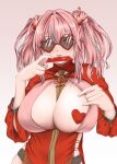  1girl alternate_costume azur_lane between_breasts breasts bremerton_(azur_lane) center_opening china_dress chinese_clothes chinese_new_year cleavage dress eyebrows_visible_through_hair gradient gradient_background grey_hair hair_between_eyes hair_ornament heart heart-shaped_eyewear heart_hair_ornament heart_pasties highres holding huge_breasts long_hair one_breast_out pasties pink_background pink_eyes pink_hair proto_messiah red-framed_eyewear side_cutout skindentation solo sunglasses tongue tongue_out twintails upper_body 