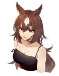  1girl animal_ears bangs bare_shoulders black_camisole breasts brown_hair camisole cleavage closed_mouth collarbone cropped_torso hanai_(vvvv089) highres horse_ears long_hair looking_at_viewer medium_breasts multicolored_hair red_eyes simple_background sirius_symboli_(umamusume) solo strap_slip two-tone_hair umamusume upper_body white_background 