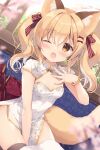 1girl animal_ears bangs bare_arms blonde_hair blush bracelet breasts china_dress chinese_clothes collared_dress couch dog_ears dog_tail dress eyebrows_visible_through_hair hair_ornament hair_ribbon hairclip highres jewelry looking_at_viewer miyasaka_miyu one_eye_closed open_mouth original ribbon tail thighs twintails window 