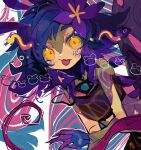  1girl bangs bare_shoulders beubeu blue_hair flower green_background grey_background hair_flower hair_ornament highres league_of_legends long_hair looking_at_viewer neeko_(league_of_legends) orange_eyes pink_background purple_flower red_hair solo tongue tongue_out 