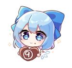  (9) +_+ 1girl bangs blue_bow blue_eyes blue_hair blush bow chibi chocolate cirno closed_mouth eyebrows_visible_through_hair eyes_visible_through_hair food food_on_face hair_between_eyes hands_up heart ice ice_wings looking_down pudding_(skymint_028) shirt short_hair short_sleeves signature simple_background smile solo sparkle star_(symbol) touhou upper_body white_background white_shirt wings 