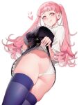  1girl absurdres amanekuu ass bangs breasts cameltoe closed_mouth clothes_lift cowboy_shot fire_emblem fire_emblem:_three_houses garreg_mach_monastery_uniform heart highres hilda_valentine_goneril large_breasts licking_lips lifted_by_self long_hair long_sleeves looking_at_viewer panties pink_eyes pink_hair skindentation skirt skirt_lift smile solo thighhighs thighs tongue tongue_out twintails underwear uniform upskirt white_background 