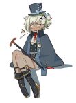  1girl alternate_costume anger_vein belt belt_buckle blush boots buckle buttons cane cape chinese_commentary commentary_request cosplay cross dark-skinned_female dark_skin embarrassed girls&#039;_frontline grey_hair hair_ribbon hat hat_ribbon high_collar high_heel_boots high_heels klin_(girls&#039;_frontline) looking_to_the_side pocket_watch ribbon short_hair simple_background sitting super-shorty_(crossing_in_labyrinth)_(girls&#039;_frontline) super-shorty_(girls&#039;_frontline) super-shorty_(girls&#039;_frontline)_(cosplay) top_hat two_side_up watch waterkuma white_background 