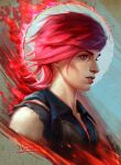  1girl arcane:_league_of_legends arcane_vi bangs bare_shoulders blue_jacket from_side grey_background inna_vjuzhanina jacket league_of_legends official_alternate_costume parted_lips profile red_background red_hair short_hair signature solo teeth torn_jacket vi_(league_of_legends) 
