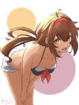  1girl ahoge bangs bikini bikini_top_only black_bikini breasts brown_eyes brown_hair cleavage commentary_request eyebrows_visible_through_hair feet_out_of_frame hair_flaps hairband hands_on_own_thighs highres kantai_collection leaning_forward long_hair looking_at_viewer low_twintails open_mouth red_hairband shiratsuyu_(kancolle) short_twintails shorts solo swimsuit twintails umibudou white_background white_shorts 
