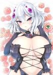  1girl bangs black_panties breasts cleavage cross-laced_clothes flower groin hair_between_eyes hair_ornament highres huge_breasts looking_at_viewer lying midriff navel on_back open_mouth original panties pink_eyes pink_flower pink_rose rose short_hair silver_hair solo tousen underwear upper_body virtual_youtuber 